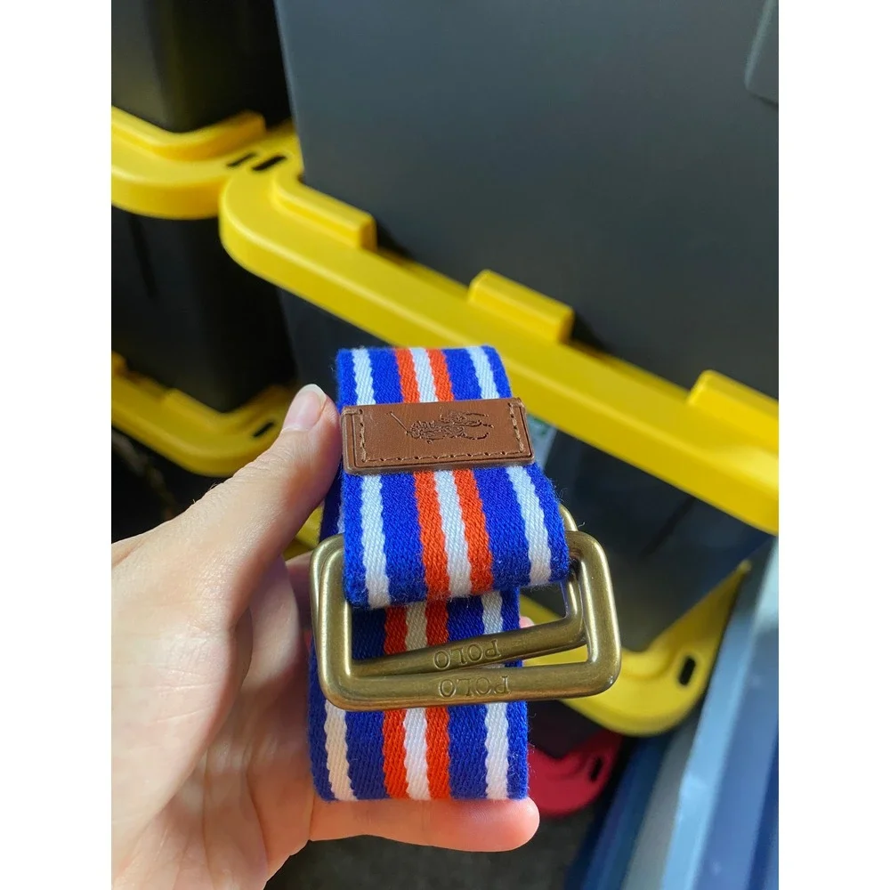 Polo Ralph Lauren Striped Woven Belt D-Ring XL Blue Preppy Nautical Americana